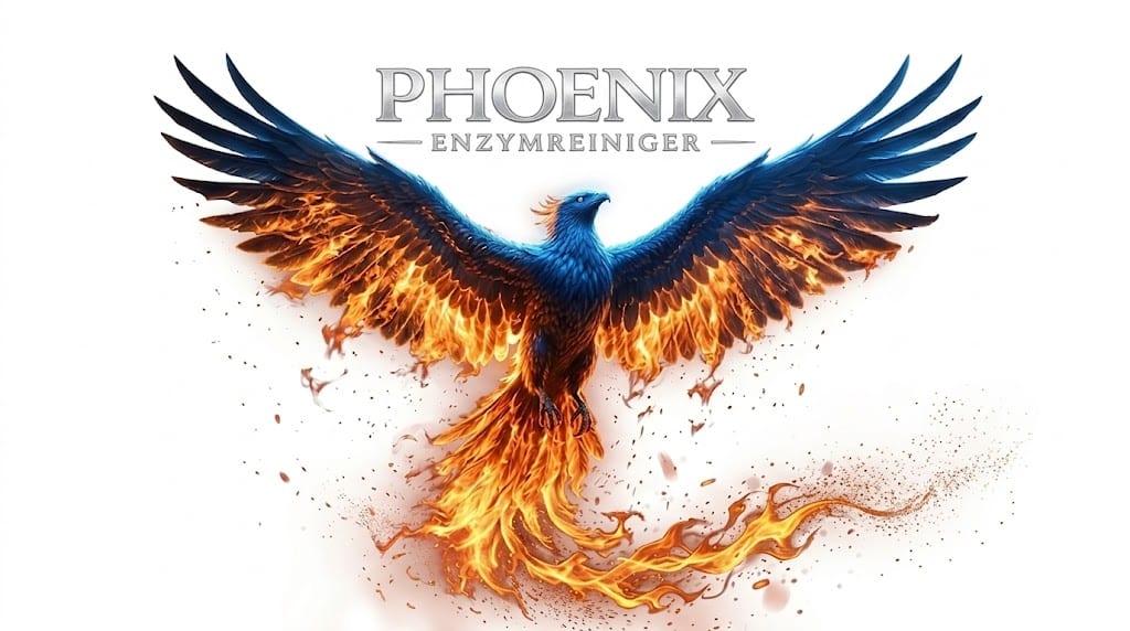 Ein majestätischer blau-goldener Phönix mit weit ausgebreiteten Flügeln, die in lodernde Flammen übergehen. Zwischen den Flügeln steht der silberne Schriftzug „PHOENIX ENZYMREINIGER“. Der untere Teil des Vogels geht in einen detailreichen Schweif aus Feuer und Funken über, der sanft auf weißem Hintergrund ausläuft.