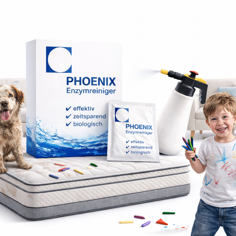 PHOENIX Enzymreiniger Set zur Reinigung von Matratzen, Kissen und Sofas. Illustration zeigt die Entfernung von Flecken durch Haustiere und Kinder-Malstifte auf Textilien.
