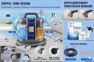 Kombinierte Infografik des PHOENIX Enzymreiniger Profi-Sets. Gezeigt wird ein Nasssauger mit Doppel-Tank-System (1,2L/0,6L), verschiedene Bürstenaufsätze für Sofa, Teppich und Matratzen sowie das PHOENIX Enzym-Granulat mit Drucksprüher. Inklusive Hinweis: Abbildung ähnlich, Modelle können variieren bei gleicher Leistung.