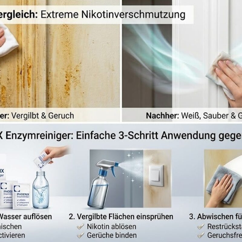 Alt-Text: PHOENIX Enzymreiniger Anwendungsgrafik: Vorher-Nachher Vergleich bei Nikotinverschmutzung und 3-Schritt-Anleitung zur Geruchsbeseitigung.