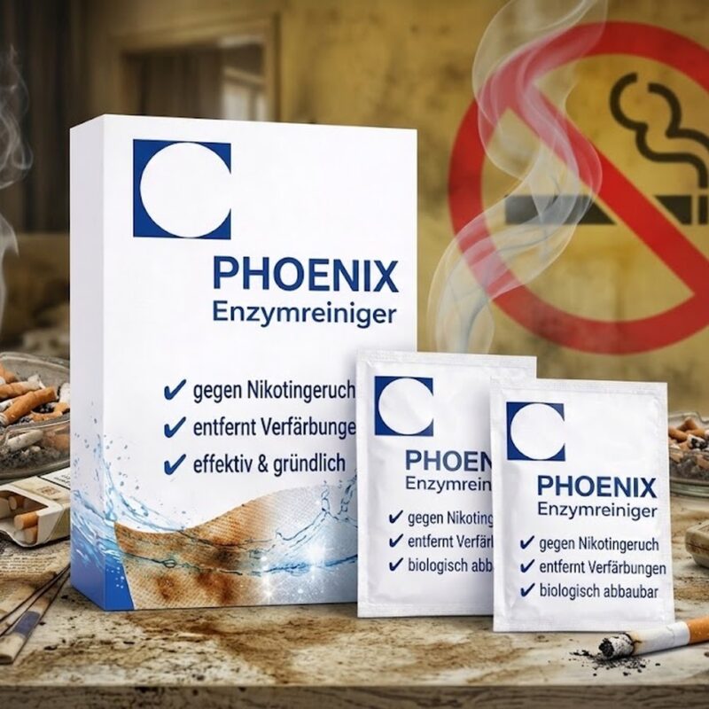 „PHOENIX Enzymreiniger Verpackung vor einem verrauchten Wohnzimmer-Hintergrund mit vollen Aschenbechern und vergilbten Wänden. Das Produkt wirbt mit der Entfernung von Nikotingeruch und Verfärbungen.“