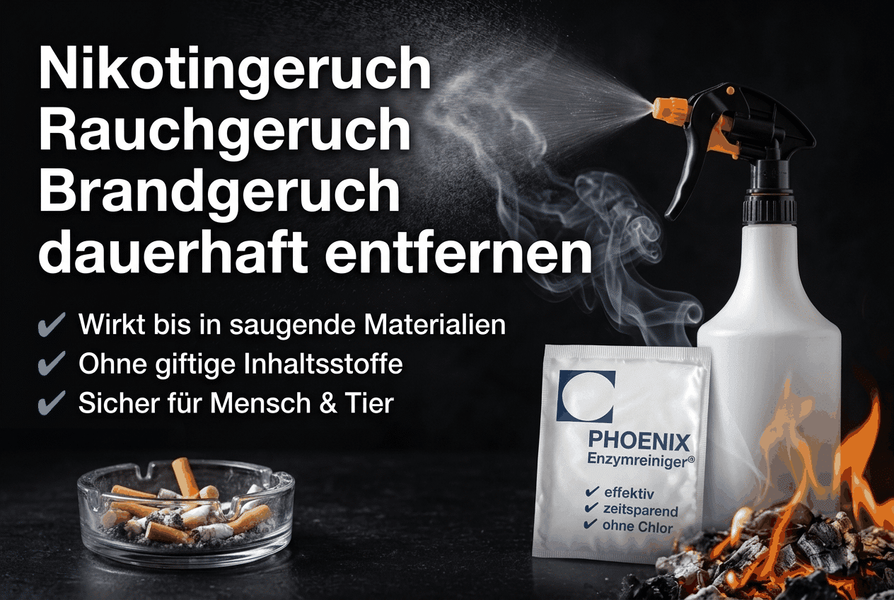 Brandgeruch, Rauchgeruch und Nikotingeruch dauerhaft entfernen mit Phoenix Enzymreiniger