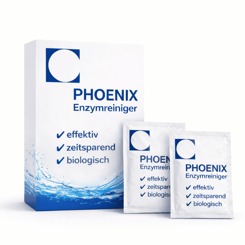 Originalverpackung des Phoenix Enzymreiniger Granulats mit sichtbarem Aufdruck der biologischen Wirksamkeit.