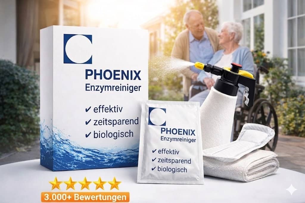 Phoenix Enzymreiniger Set zur Geruchskontrolle in Pflegeeinrichtungen vor einem Seniorenheim