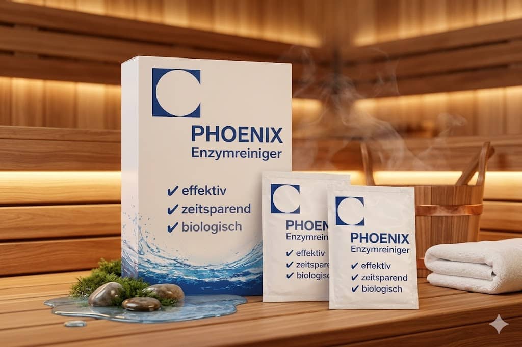 Phoenix Enzymreiniger Packung in einer hellen Holzsauna mit Wasser und Handtuch für die biologische Reinigung.