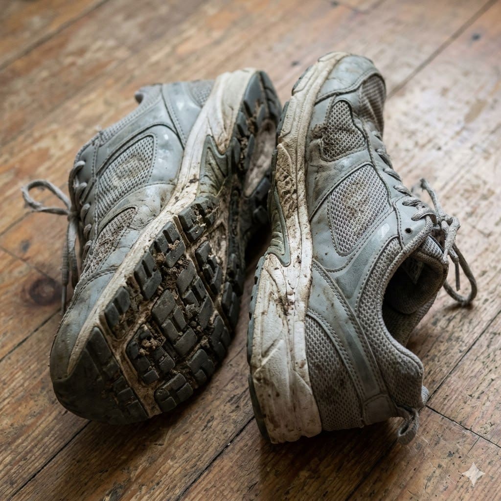 Schuhe reinigen gegen Geruch: Nahaufnahme von schmutzigen, getragenen Sportschuhen – Vorher-Vergleich.