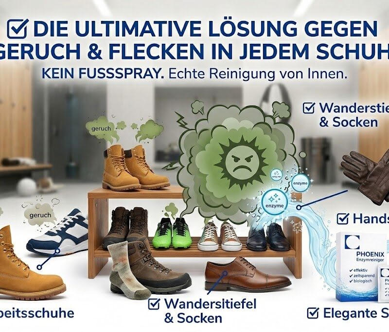 Schweißgeruch in Sportschuhen effektiv entfernen. Enzymreiniger als biologisch abbaubare Lösung gegen Geruchsbakterien in Stiefeln und Sporttaschen von PHOENIX.