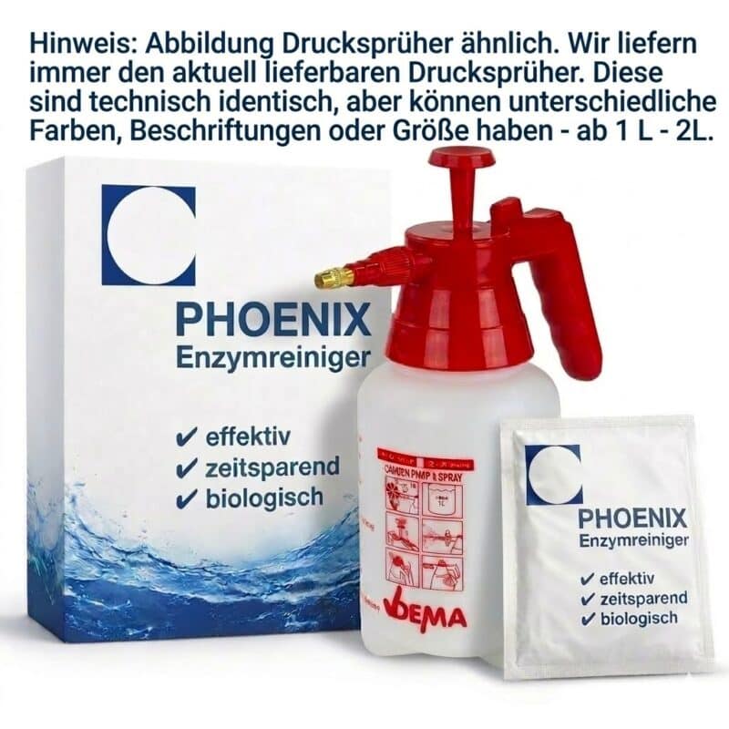 Set-Abbildung: Phoenix Enzymreiniger Konzentrat im Beutel neben weiß-roter 1 Liter Drucksprühflasche von Bema vor weißem Produktkarton.
