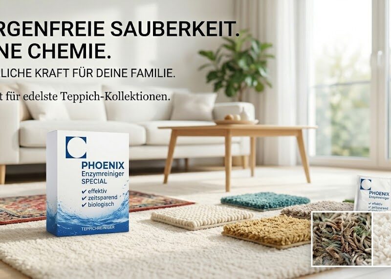 Phoenix Enzymreiniger Spezial Produktset in einem luxuriösen Wohnzimmer auf einem hellen Hochflor-Teppich. Verschiedene Teppichmuster im Vordergrund zeigen die Eignung für edle Fasern.