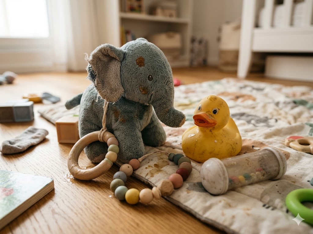 Verschmutztes Babyspielzeug, Kuscheltier, Beißring und Quietscheente auf einer Krabbelmatte