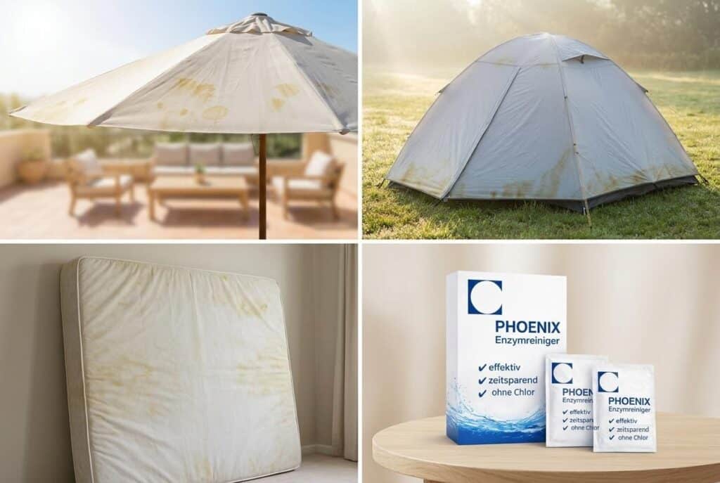 Stockflecken entfernen: gelblich-braune Verfärbungen auf Sonnenschirm, Zelt und Matratze, daneben PHOENIX Enzymreiniger mit den Angaben effektiv, zeitsparend und ohne Chlor.