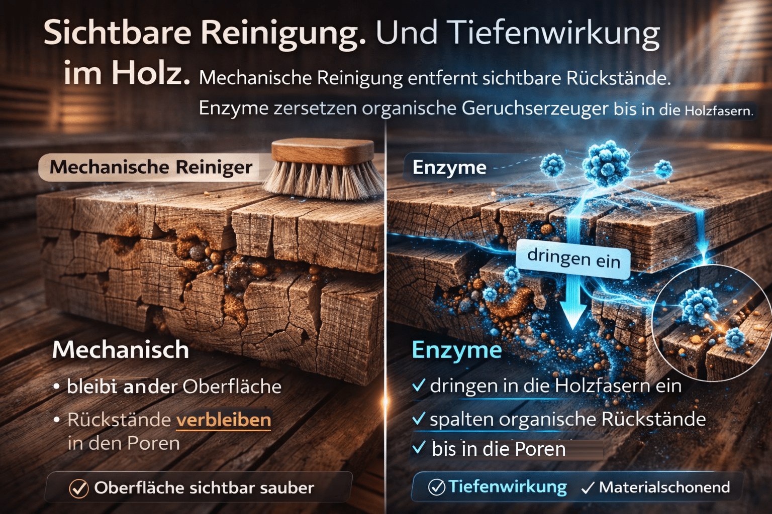 Sauna reinigen โ Phoenix Enzymreiniger Tiefenwirkung in Saunaholz-Fasern