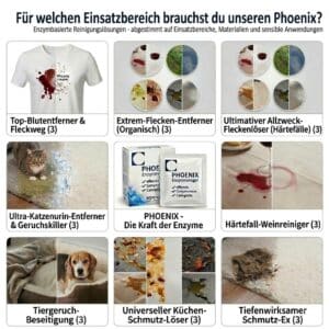Universalreiniger und Allzweckreiniger gegen organische Flecken wie Blut, Wein und Fett in Polstern und Kleidung. Tiefenwirksamer Enzymreiniger als biologisch abbaubare Lösung für den gesamten Haushalt von PHOENIX Enzymreiniger