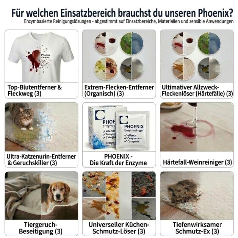 Universalreiniger und Allzweckreiniger gegen organische Flecken wie Blut, Wein und Fett in Polstern und Kleidung. Tiefenwirksamer Enzymreiniger als biologisch abbaubare Lösung für den gesamten Haushalt von PHOENIX Enzymreiniger
