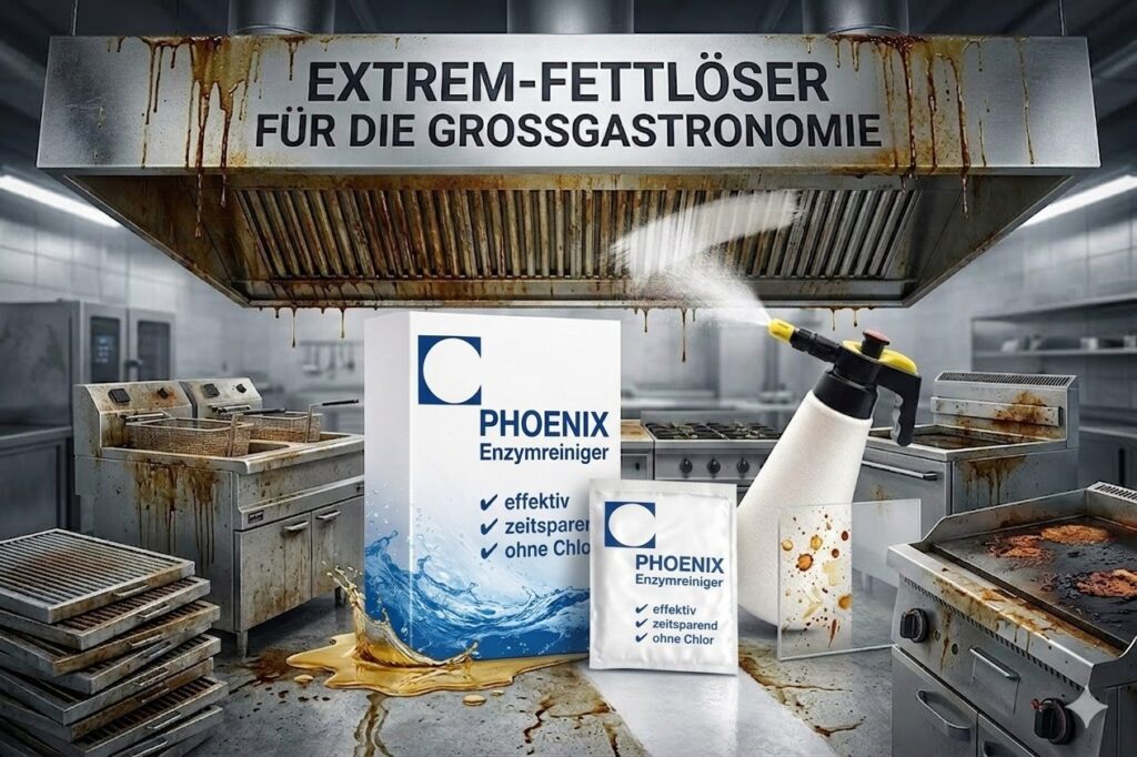 Extrem-Fettlöser für die Großgastronomie: verfettete Dunstabzugshaube, Fritteusen und Grillplatte in einer Profiküche, davor PHOENIX Enzymreiniger mit den Angaben effektiv, zeitsparend und ohne Chlor.