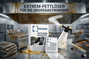 Professioneller Phoenix Fettlöser in einer Großküche. Das Produkt steht vor einer extrem verfetteten Industrie-Abzugshaube und einer verschmutzten Grillstation. Die Sprühflasche reinigt einen Bereich der Haube und zeigt die starke Lösekraft gegen verkrustetes Fett und Öl.