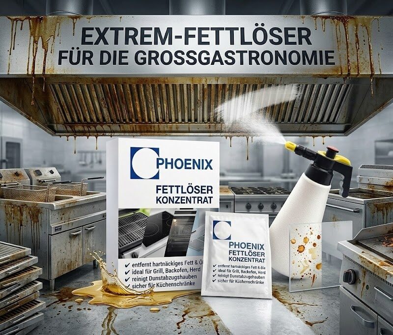 Professioneller Phoenix Fettlöser in einer Großküche. Das Produkt steht vor einer extrem verfetteten Industrie-Abzugshaube und einer verschmutzten Grillstation. Die Sprühflasche reinigt einen Bereich der Haube und zeigt die starke Lösekraft gegen verkrustetes Fett und Öl.