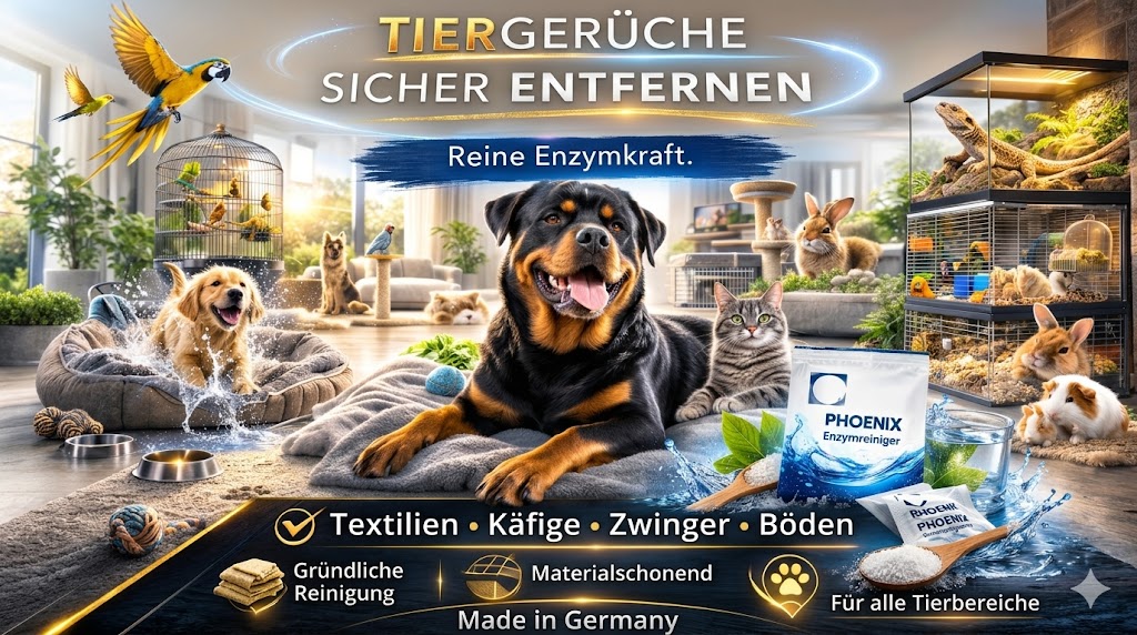 Tiergeruch entfernen — Phoenix Enzymreiniger für Hund, Welpe, Pferd, Vogel, Reptil, Frettchen und Kleintier