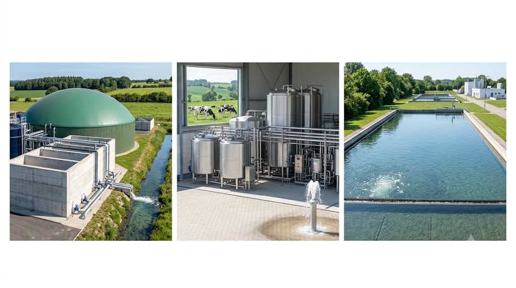 Alt-Text: Ein dreiteiliges Foto-Triptychon, das drei verschiedene industrielle Szenen nebeneinander zeigt. Links: Eine Biogasanlage mit einem großen grünen Kuppelfermenter, Betontanks und Rohrleitungen auf einem asphaltierten Gelände, umgeben von grünen Feldern und Bäumen. Mitte: Der Innenraum eines Milchverarbeitungsbetriebs mit glänzenden Edelstahltanks, Rohrleitungen und Fliesenboden, mit einem Blick auf Kühe auf einer Weide durch ein großes Fenster. Rechts: Ein Klärwerk mit einem großen, rechteckigen Sedimentationsbecken, klarem Wasser, sanften Belüftungsblasen, umgeben von Bäumen und Rasen. Alle Szenen sind hell, sauber und professionell, im realistischen Vollformat-Fotografie-Look.