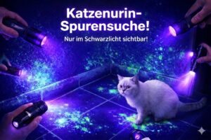 Spezial-UV-Taschenlampe enthüllt organische Katzenurin-Flecken auf Fliesen und Wand, ertappte Katze schaut schuldbewusst.