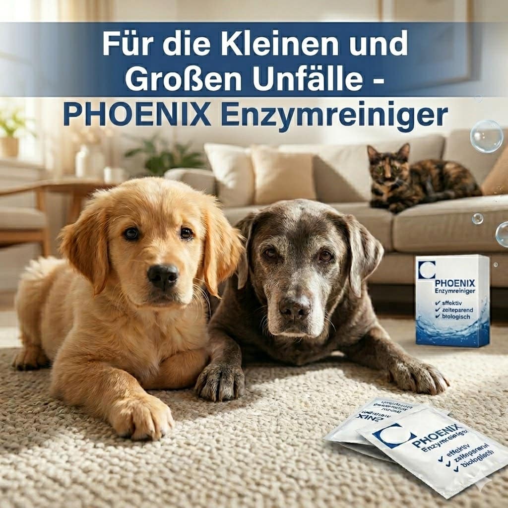 PHOENIX Enzymreiniger für tierische Unfälle, Welpe und Althund auf sauberem Teppich, Kitten auf Sofa im Wohnzimmer